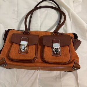 Classic Two-Pocket Orange Leather-Trim Satchel